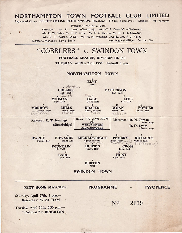 <b>Tuesday, April 23, 1957</b><br />vs. Northampton Town (Away)